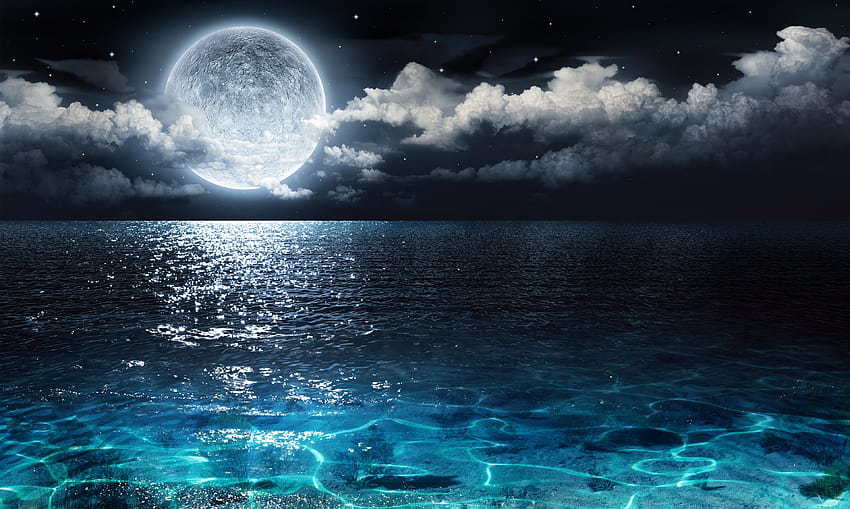 水域の上の月、月明かり 高画質の壁紙