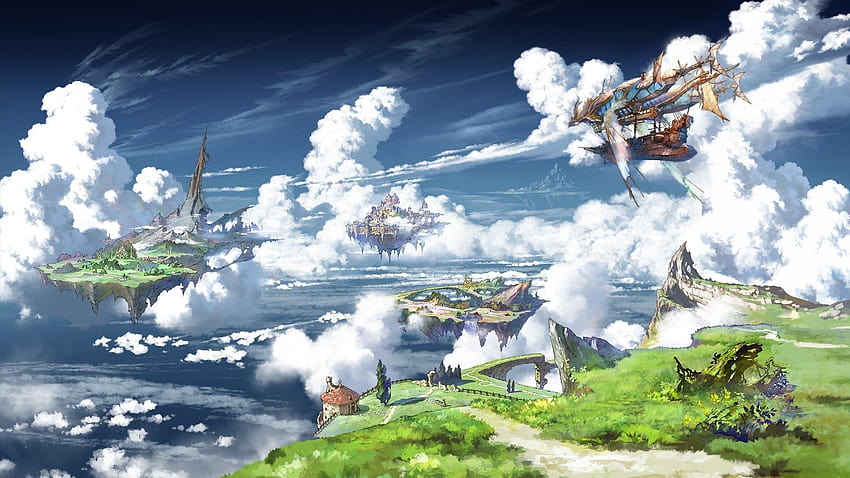 애니메이션 Granblue Fantasy Sky Cloud Ship Floating Island, 비행 섬 HD 월페이퍼