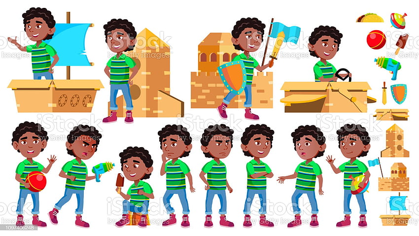 Black Afro American Boy Kindergarten Kid Poses Set Vector Little Child Caja de cartón Juguete Estilo de vida divertido para publicidad Cartel Diseño de impresión Ilustración de dibujos animados aislada Stock de ilustración fondo de pantalla