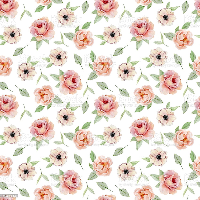 Watercolor Seamless Pattern Hand Painted Vintage Flowers Nature Spring Design Roses Anemones Peonies Isolated On White Backgrounds Illustration For Wrapping Paper Textile Fabric Rustic Stock Illustration, painted spring HD phone wallpaper