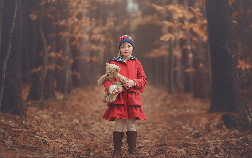 Red clothes little girl, child, teddy bear, autumn, forest 1920x1200 , girls autumn clothes HD wallpaper