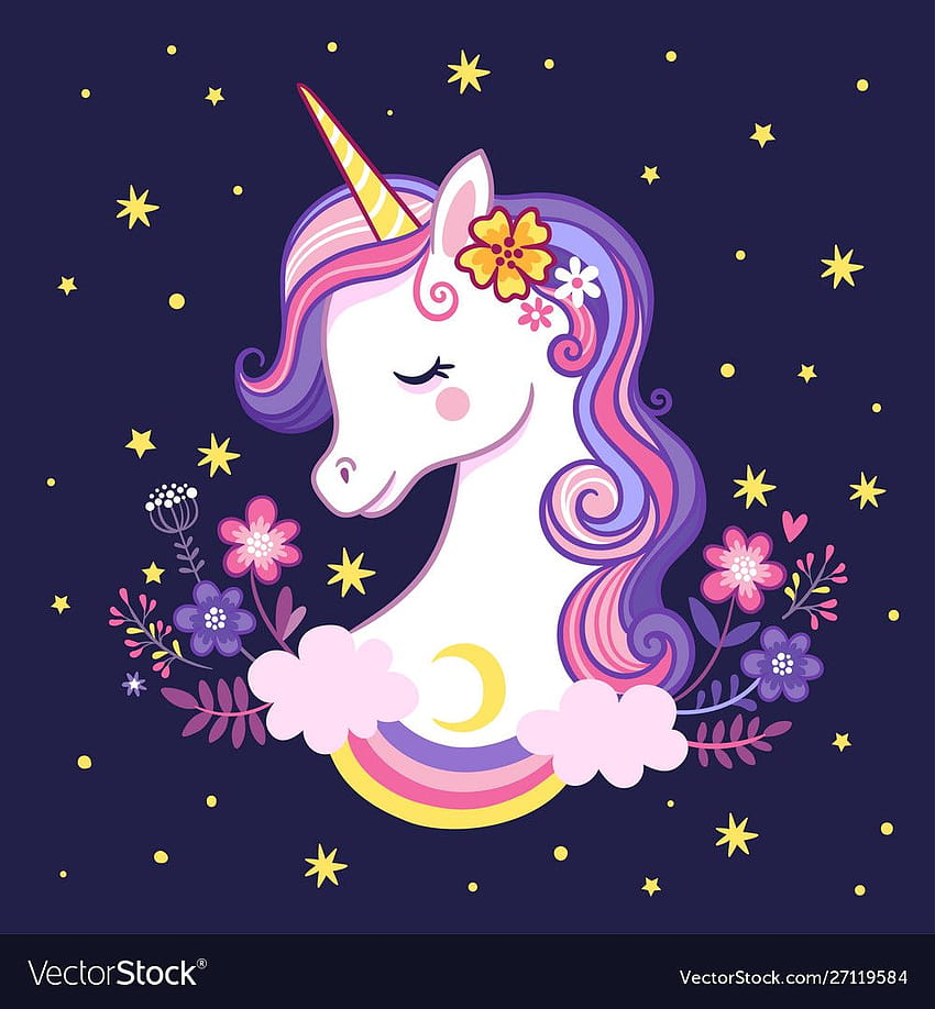 Unicorno carino su uno viola con stelle e fiori. Illustrazione vettoriale in stile cartone animato. Downl…, unicorno viola Sfondo del telefono HD