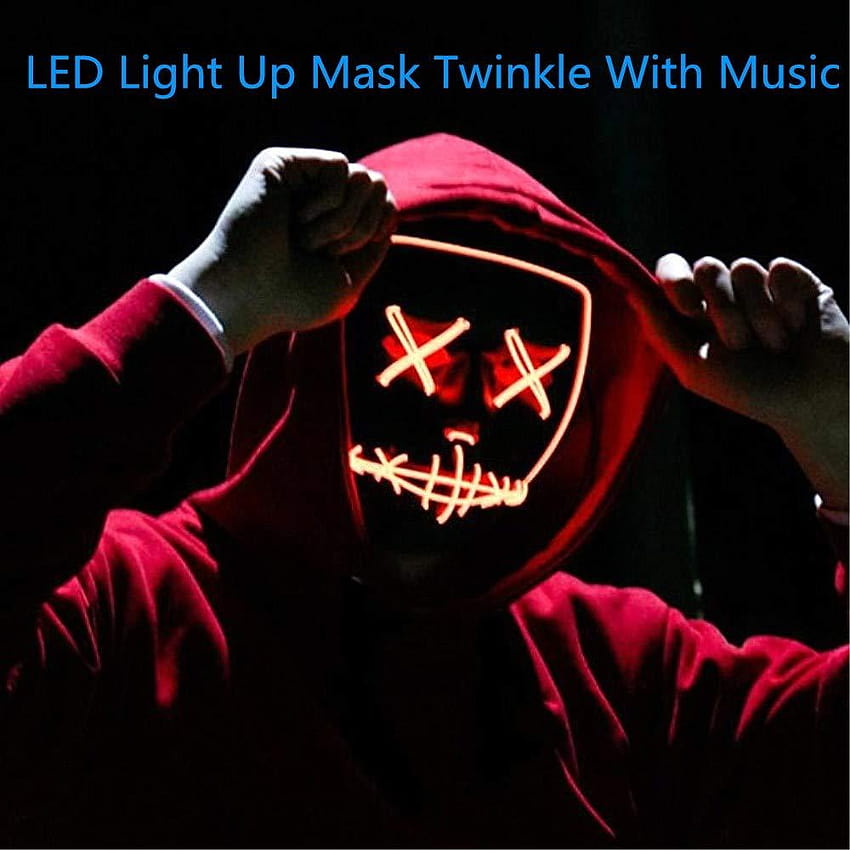 Moonideal LED Light up Mask Festival Parties Effrayant Fil Halloween Son Induction Flash avec Musique, masque led anonyme Fond d'écran de téléphone HD