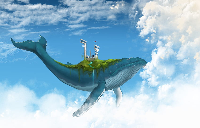 : Cachoeira, arte digital, Animais, Fantasia arte, natureza, construção, céu, futurista, nuvens, azul, baleia, flutuando, corrente, computador, Atmosfera da terra, Ecossistema, mamífero marinho, 1920x1229 px 1920x1229, Arte da baleia azul papel de parede HD