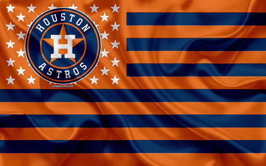 Хюстън Астрос, американски бейзболен клуб, американско творческо знаме, оранжево синьо знаме, MLB, Хюстън, Тексас, САЩ, лого, емблема, Мейджър лийг бейзбол, копринен флаг, бейзбол с резолюция 3840x2400. Висококачествени бейзболни mlb astros HD тапет