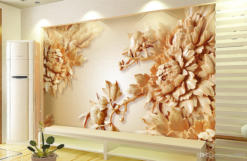 Sprzedaż hurtowa i detaliczna nowoczesny salon 3D rzeźba w drewnie piwonia kwiat TV tła foto od Yeye2000, 39,18 $ Tapeta HD