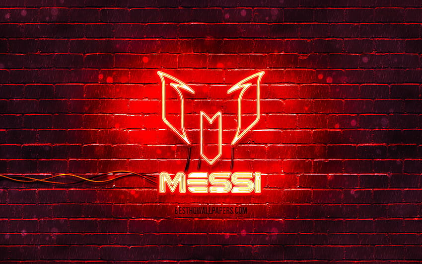Lionel Messi logo vermelho, red brickwall, Leo Messi, fan art, Lionel Messi logo, estrelas do futebol, Lionel Messi neon logo, Lionel Messi com resolução 3840x2400. Alta qualidade, símbolo messi papel de parede HD