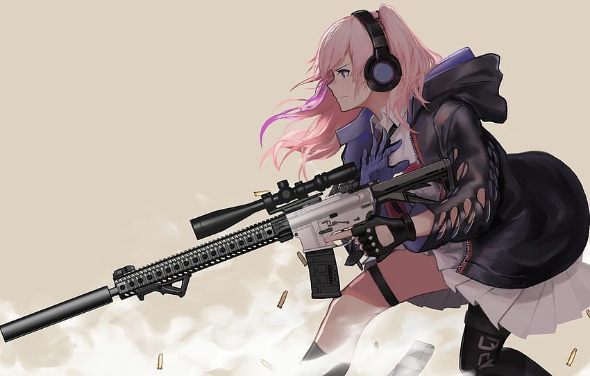 gun, game, pink hair, weapon, anime, pretty, anime girl sniper HD wallpaper