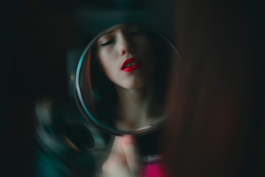 women, Model, Brunette, Face, Open mouth, Closed eyes, Red lipstick, Mirror, Blurred, Self shots, Long hair / and Mobile &, blurred women HD wallpaper