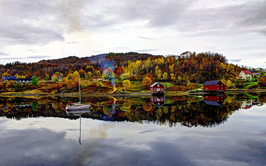 2560x1600 Norwegen Flusshaus Herbst Bootslandschaft Reflexion, Norwegen Herbst HD-Hintergrundbild