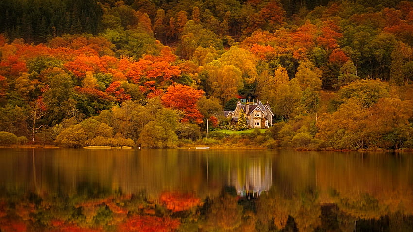 2000504 hills, forest, colorful, fall, autumn, house, colors, beautiful, trees, lake, mountain, tranquil, serenity, reflection, autumn loch HD wallpaper