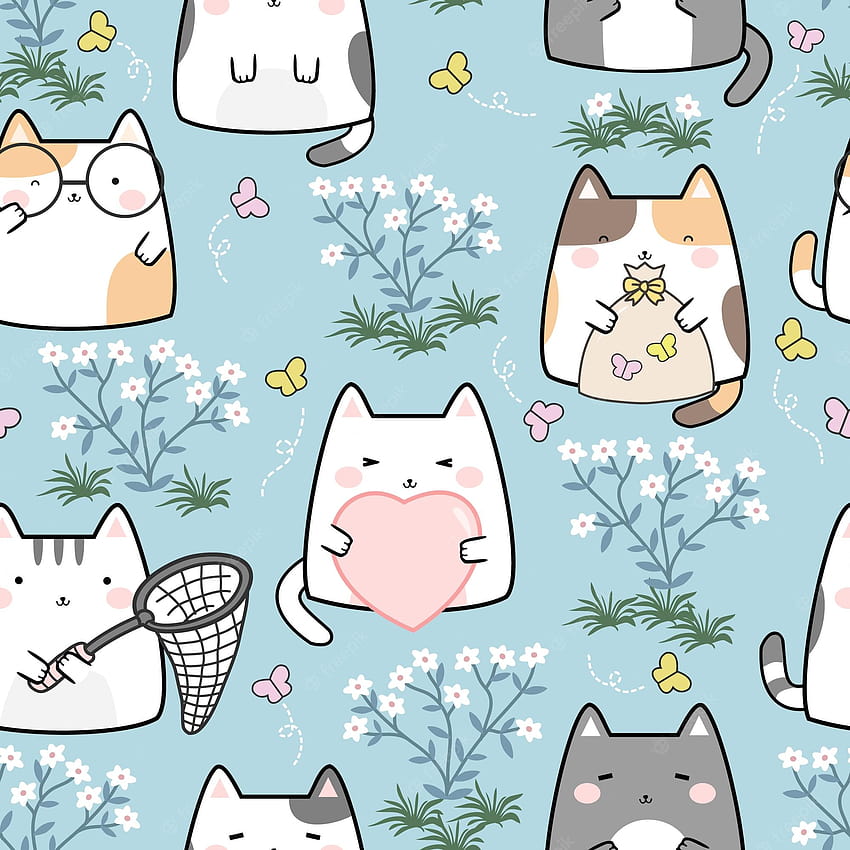 Vektor Premium, musim semi kucing kawaii wallpaper ponsel HD