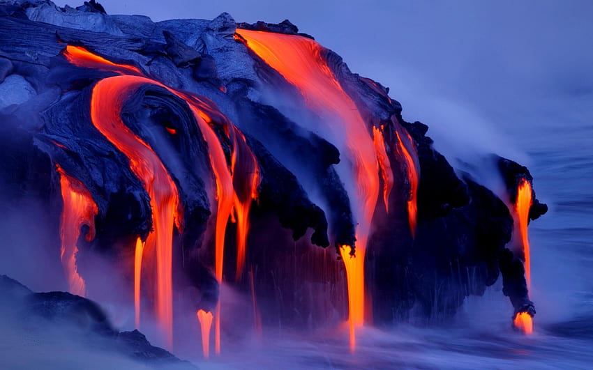 naturaleza, paisaje, volcán, lava, humo, agua, mar, larga exposición, erupción volcánica y s móviles fondo de pantalla