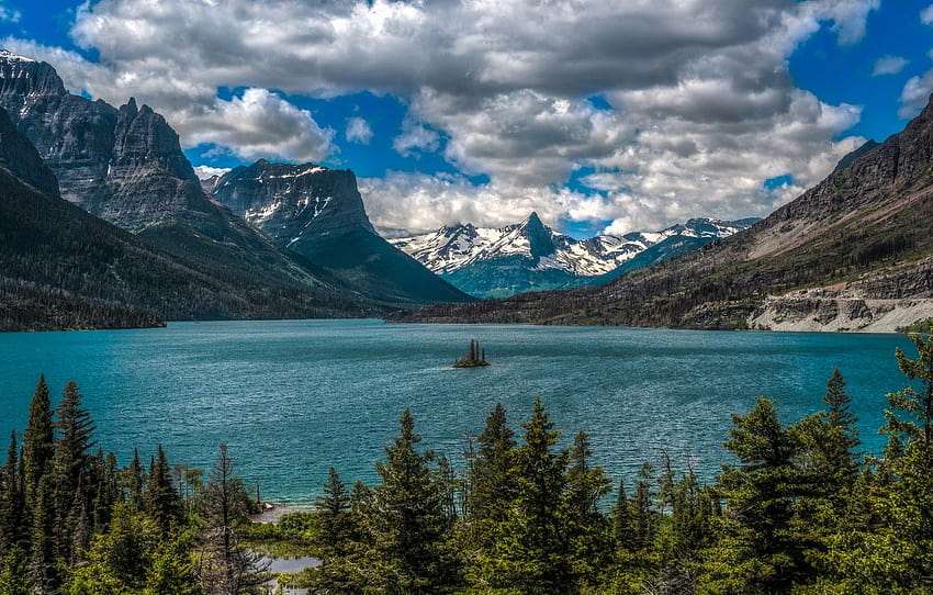 clouds, mountains, lake, Montana, island, Glacier, glacial lake HD wallpaper