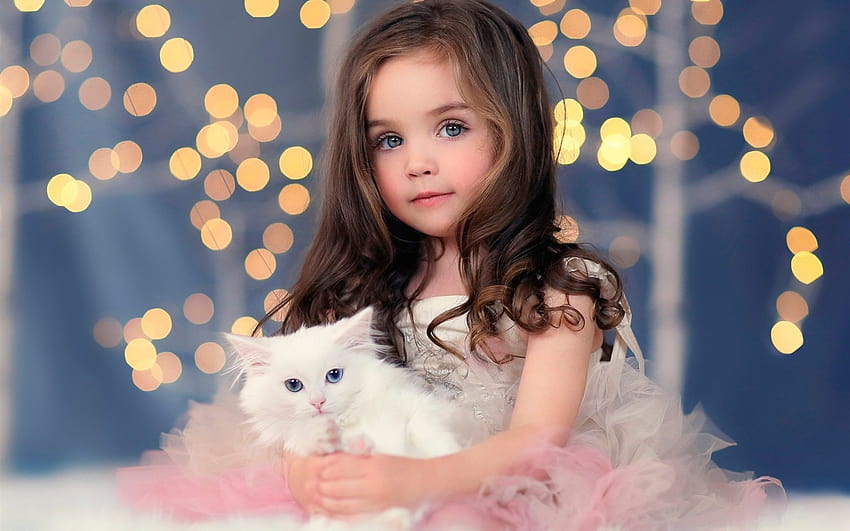 children, Girl, Blonde, Blue, Eyes, Cat, Animal, Cute, Dress, Angel / and Mobile Backgrounds HD wallpaper