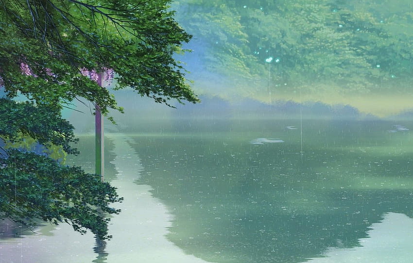 ทะเลสาบ ต้นไม้ ฝน อะนิเมะ Makoto Xingkai อะนิเมะ ต้นไม้ อะนิเมะสไตล์ makoto shinkai 3120x1440 วอลล์เปเปอร์ HD