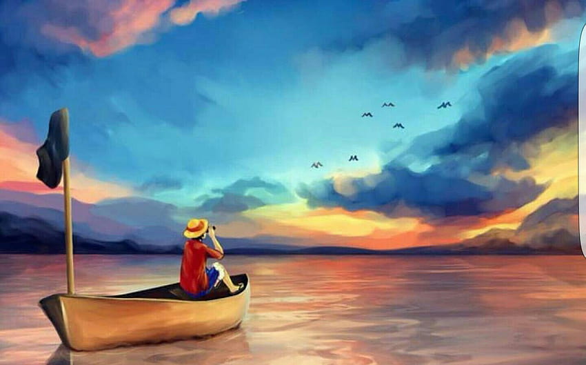 Monkey D. Luffy, barco, bandera, binoculares, puesta de sol, pájaros, agua, mar, océano; Una pieza fondo de pantalla