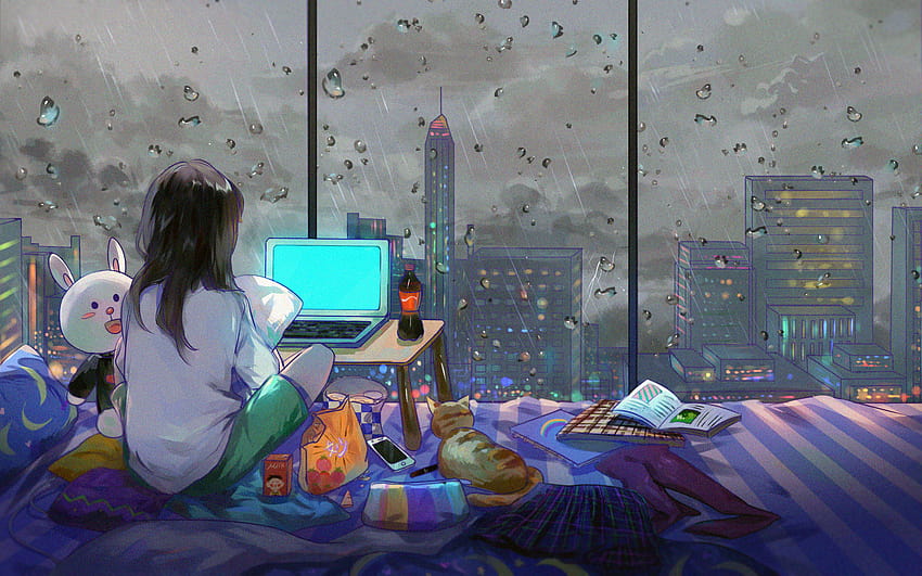 1920x1200 Anime Girl Room City Cat Resolution , Backgrounds, and 高画質の壁紙 ...
