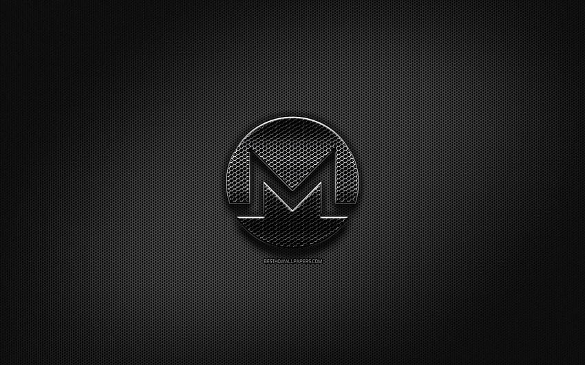 Monero の黒いロゴ、暗号通貨、グリッド メタルの背景、Monero、アートワーク、クリエイティブ、暗号通貨のサイン、解像度 2880x1800 の Monero ロゴ。 高品質、 高画質の壁紙