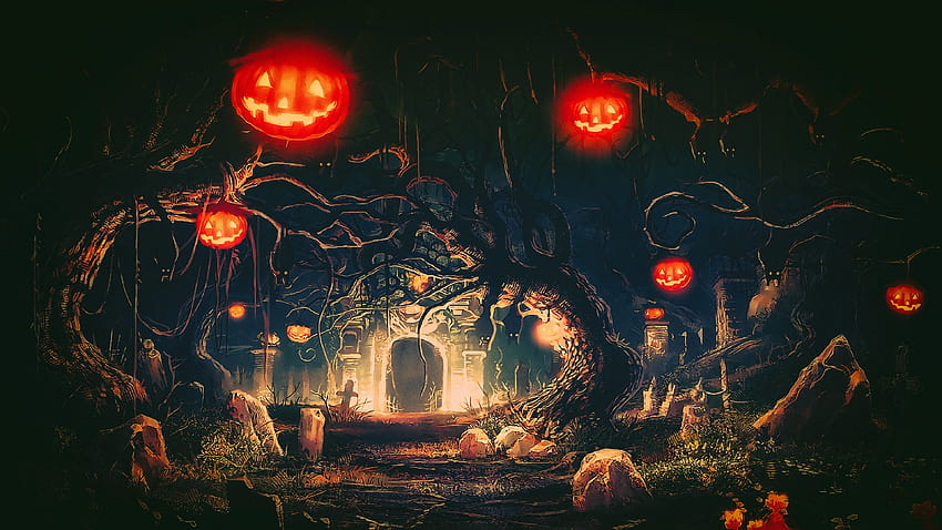 579627 3840x2160 halloween terror night fantasy art hop artwork pumpkin JPG 2005 kB, halloween fantasy HD wallpaper