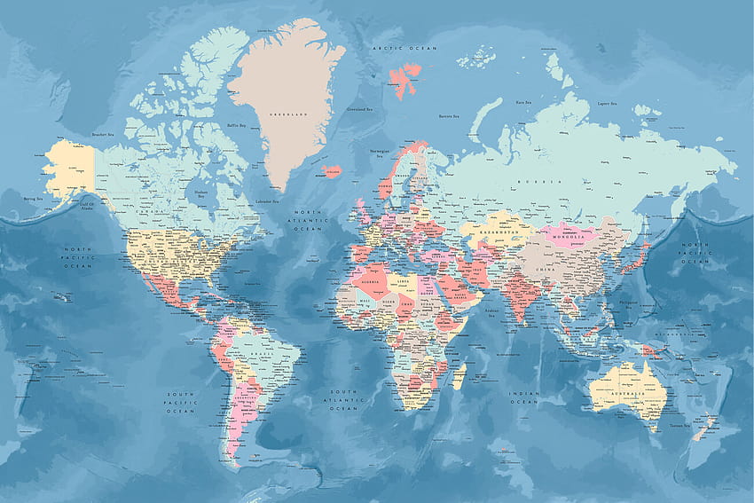 ライトブルーとパステルの詳細な世界地図の地図 ǀ 壁のすべての都市と国の地図、世界の物理地図 高画質の壁紙