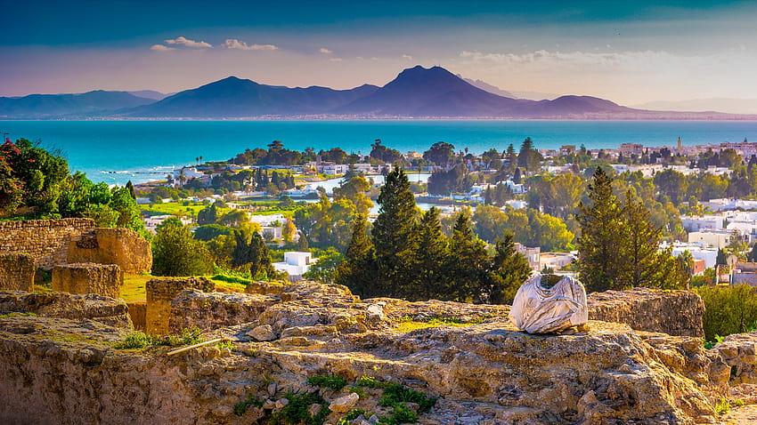 Widok ze wzgórza Byrsa ze starożytnymi pozostałościami Kartaginy i kraju, Tunis, Tunezja Tapeta HD