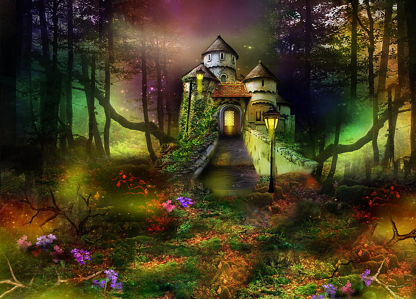 Artistico Fantasia Castello Foresta Lanterna Fiore, foresta fantasia primaverile Sfondo HD