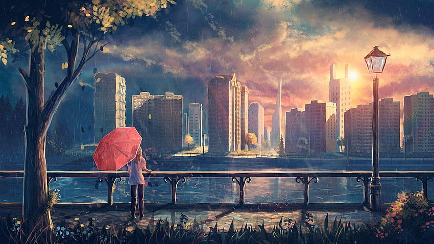 Artwork, Fantasy Art, Anime, Rain, City, Park, Umbrella, anime rain HD ...
