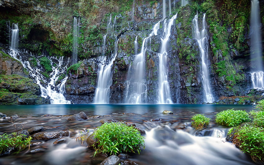 Reunion Waterfalls, rock, lake, beautiful waterfall, Reunion Island with resolution 3840x2400. High Quality HD wallpaper