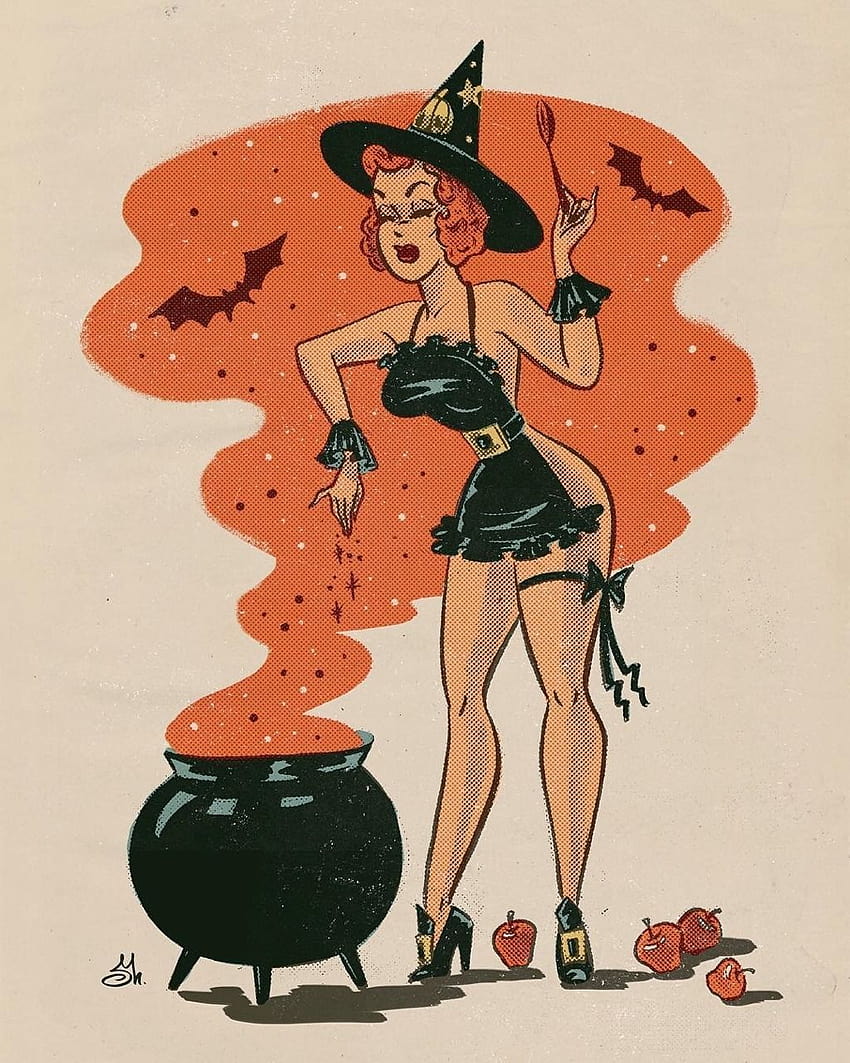 ハロウィーンの魔女 - ピンナップと漫画の女の子のアート、ビンテージ ハロウィーン ピンナップ HD電話の壁紙