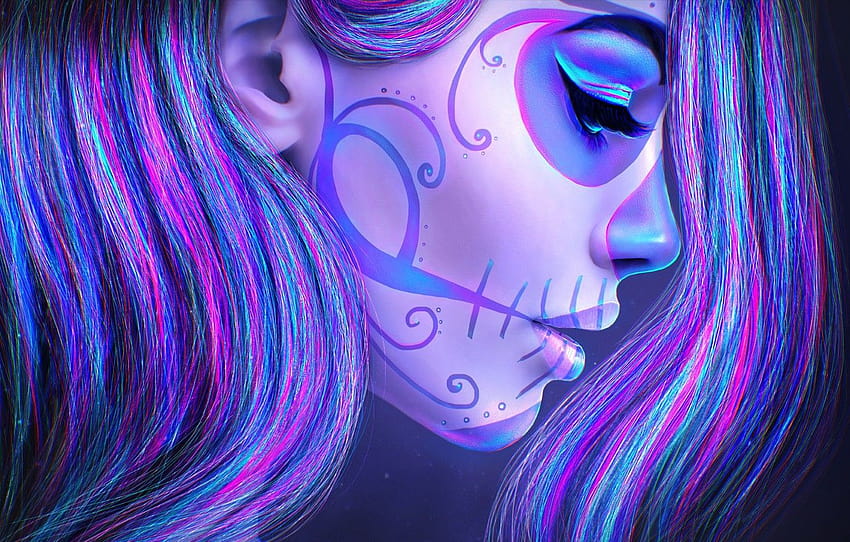 girl, face, death, hair, skull, beauty, makeup, tattoo, art, day of the dead, sugar skull , section живопись, girl skull HD wallpaper
