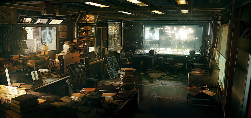 working deus ex 3 office table chair books paper monitor furnished drawings anime interior, anime office Wallpaper HD