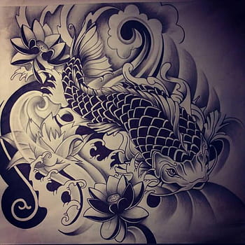 Purple Flowers And Dragon Fish Tattoo On Side Rib