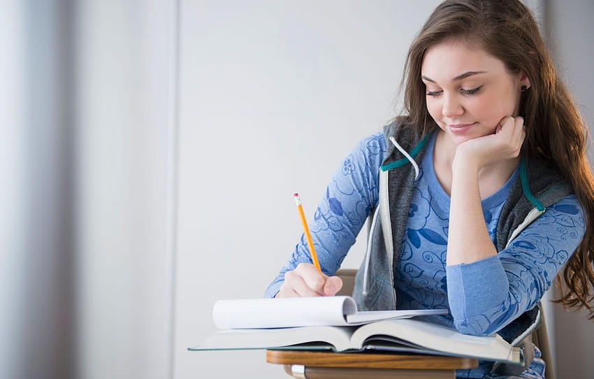 girl, blue, beautiful, Studying, Student for HD wallpaper