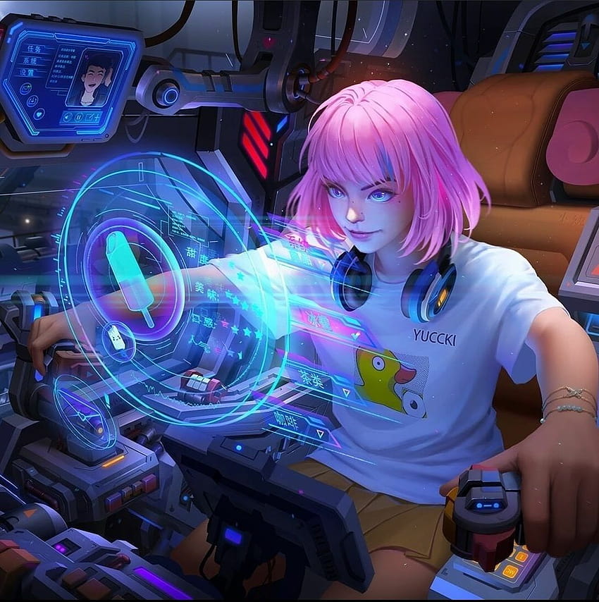 Anime Gamer Girl con cabello teñido de rosa_, chicas de dibujos animados de juegos fondo de pantalla del teléfono