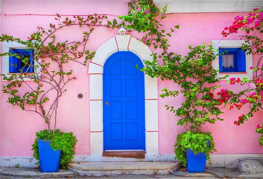 Kup AOFOTO 7x5ft stare niebieskie drzwi tła wiosenne kwiaty liść graficzny tło styl grecki styl ulicy Studio rekwizyty kochankowie artystyczny portret winyl online w Turcji. B0791G88YC, grecka wiosna Tapeta HD