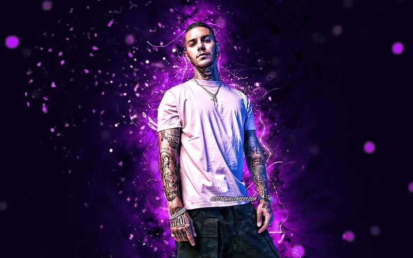 Tedua, violet neon lights, italian rapper, music stars, Mario Molinari, italian celebrity, Tedua with resolution 3840x2400. High Quality HD wallpaper