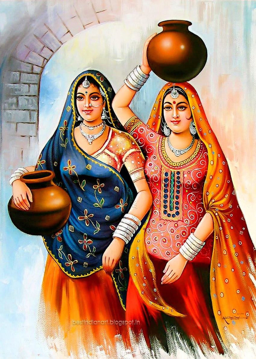 ウォーターポットを持った2人のインドの村の女性 最高のインドの芸術作品、女性の村 HD電話の壁紙