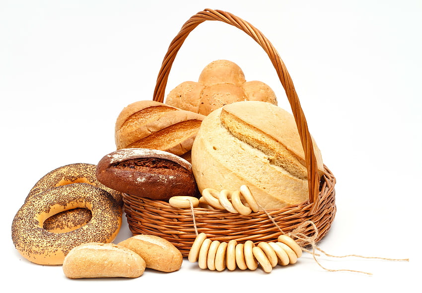 : bread, white background, basket, produce, flavor, grass family, baked goods, snack food, whole grain, bagel 4980x3456, white bread HD wallpaper