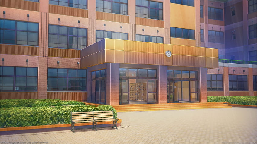 1920x1080 Anime School, Doors, Clock, Scenic, Building, front anime school HD-Hintergrundbild