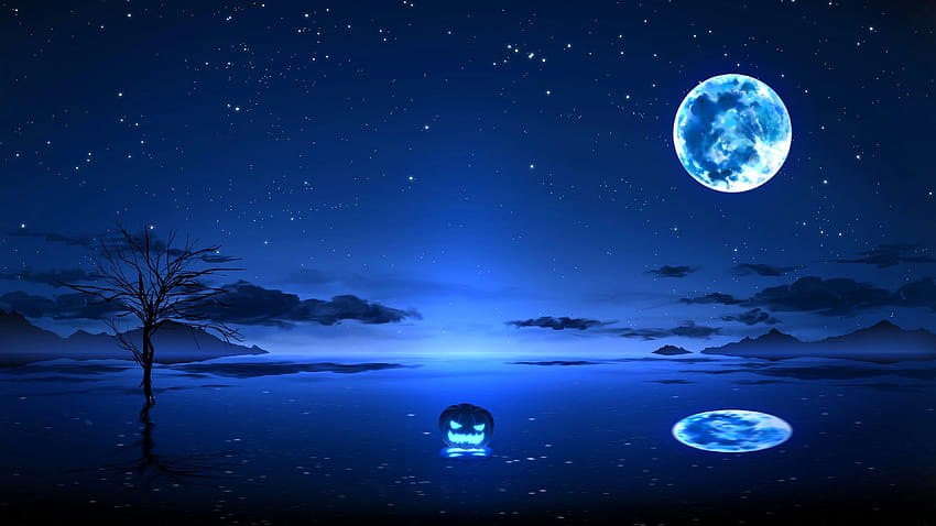 Anime Trees Mountain Moon Blue Starry Sky Reflection On Lake アニメ, ムーンアニメ 高画質の壁紙