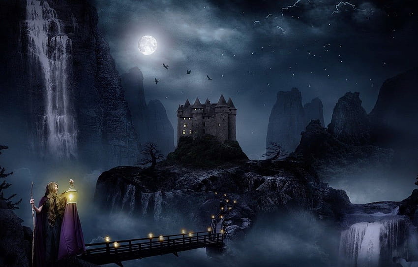 night, bridge, castle ...goodfon, waterfall under moonlight HD wallpaper