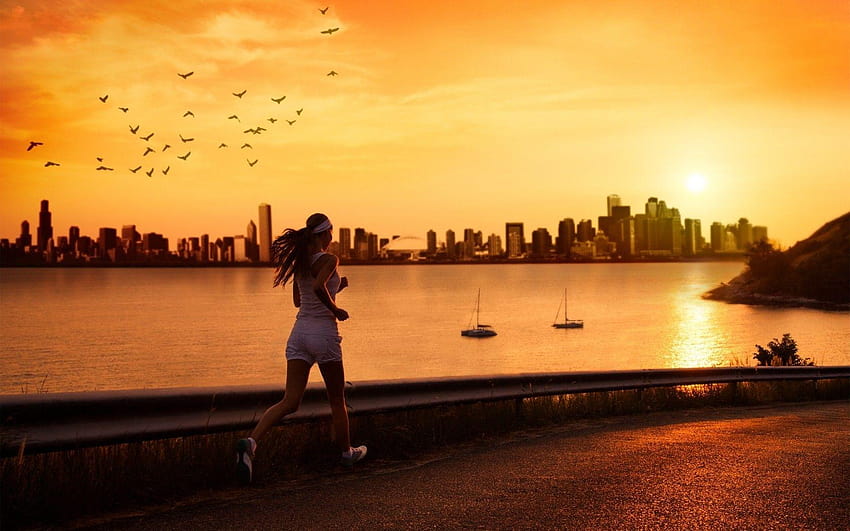 women, sunrise, dawn, sports, running, jogging :: HD wallpaper