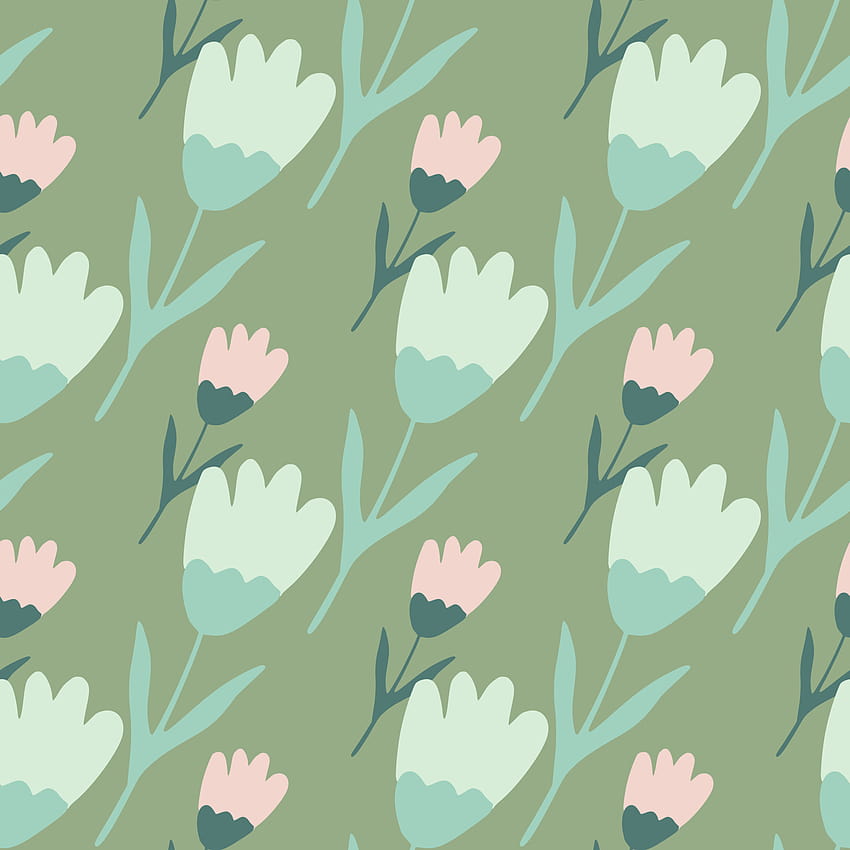 Geometric tulip seamless pattern on green background. Abstract floral ...