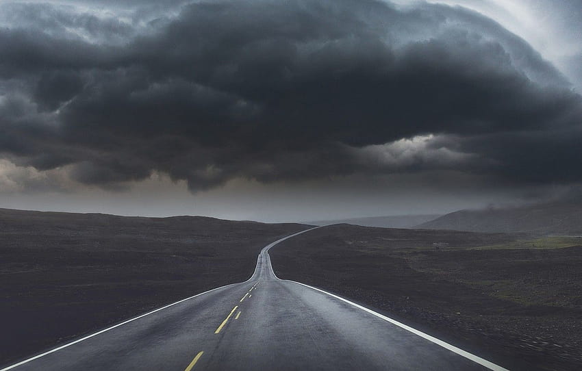 road, the storm, the sky, clouds, the way, hills, storm, highway, hurricane, storm, gloomy, dark , section пейзажи, dark hills HD wallpaper