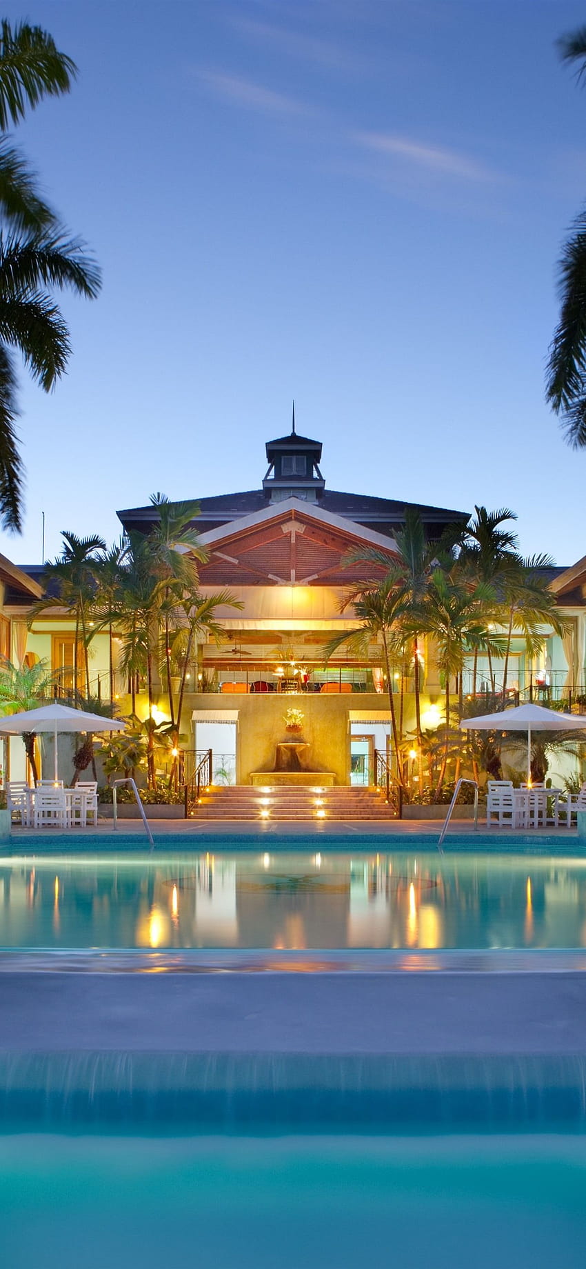 Maldives, villa, swim pool, palm trees, night, lights 1242x2688, mansion iphone HD phone wallpaper