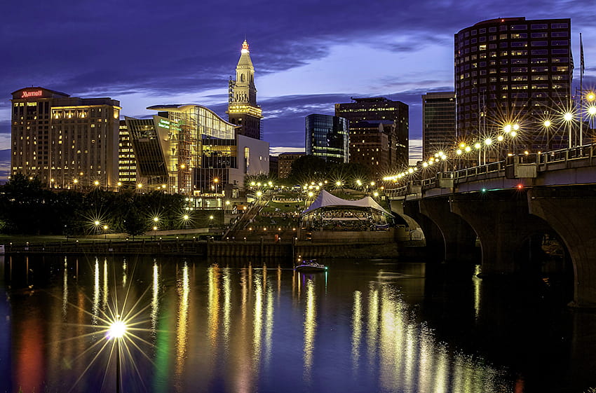 USA Hartford bridge Rivers night time Street lights Cities HD wallpaper
