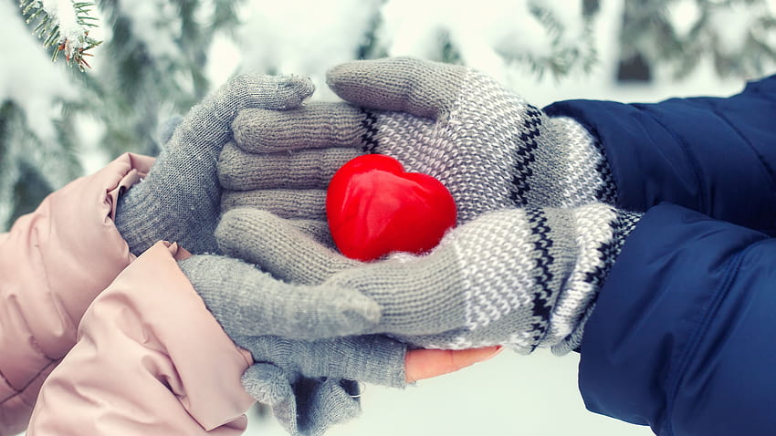 Red love heart, hands, winter 5120x2880 U , winter hands HD wallpaper