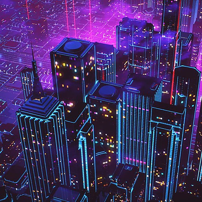 Planet City-Cover-Art von Wice Synthwave, Retro-Zukunft, Neon-Stadt, lila und blaue Retro-Stadt HD-Handy-Hintergrundbild