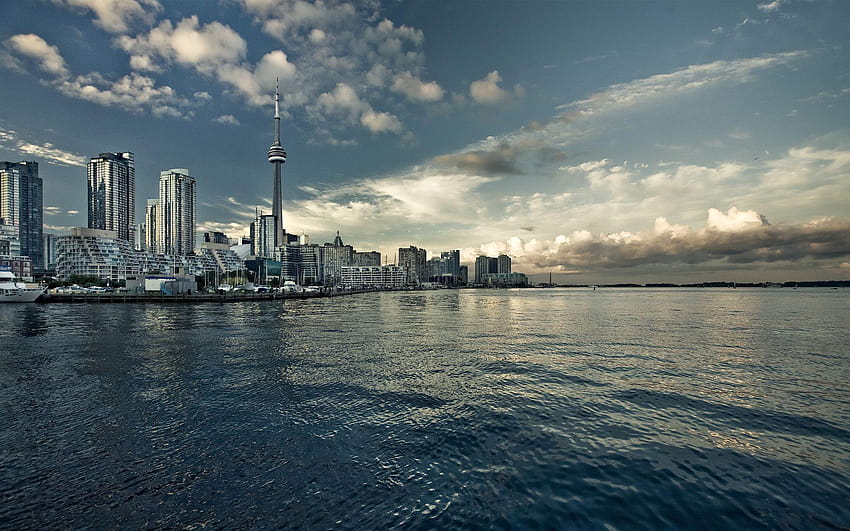 水、雲、街並み、カナダ、トロント、港、湾、CN タワー、 高画質の壁紙